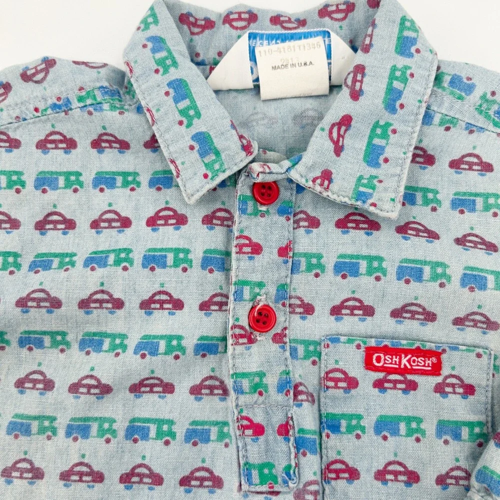 OshKosh B'Gosh Boys Vintage Made In USA 80s Car Print Long Sleeve Shirt Size 18M